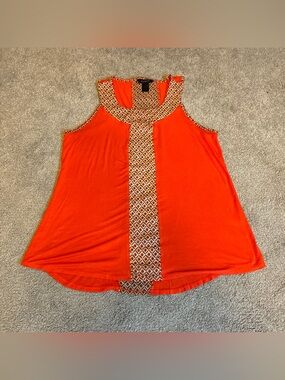 Womens Orange Beige Equestrian Sheer Link Geometric Sleeveless Blouse Sz 14/16